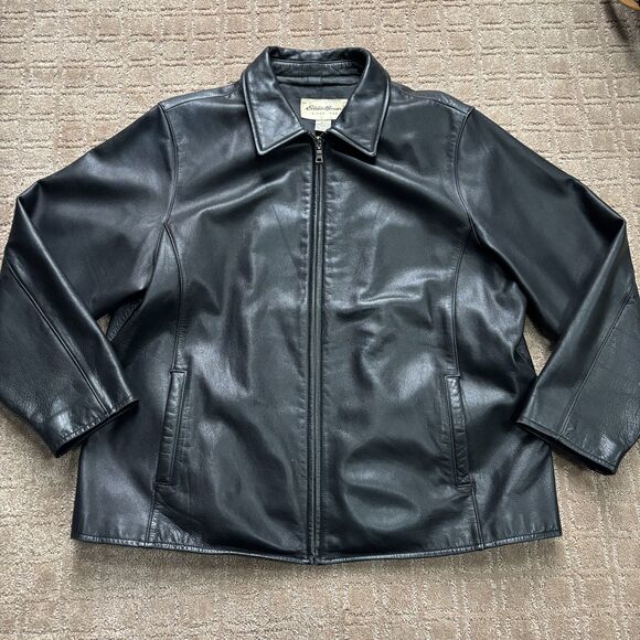 Vintage Eddie Bauer Leather Coat Men 2X Black Full Zip 90s Bomber Jacket Classic - Picture 1 of 8